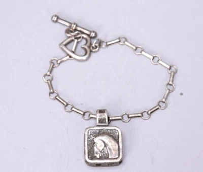 Vintage Sterling Silver Square Horse Head Pattern Chain Bracelet with Heart Shap - Image 1 of 4