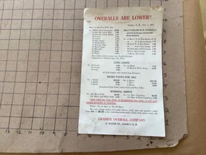 original 1911 OVERALLS ARE LOWER - price sheet - GRANITE OVERALL CO nashua NH pc - Picture 1 of 3