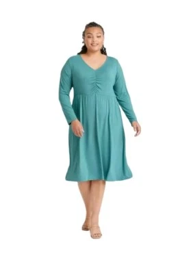 Vestido Ava Viv azul-petróleo 3X midi gola V manga longa corpete franzido elástico plus size - Imagem 1 de 4