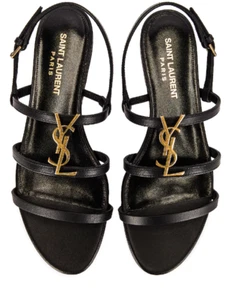 $875 NEW SAINT LAURENT YSL BLACK LEATHER LOGO FLAT STRAPPY SANDALS BOX 37 - Picture 1 of 11