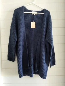 New Grace & Mila Paris Tabitha Marine Blue Chunky Ribbed Knit Long Cardi Sz S M - Picture 1 of 6