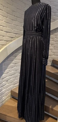 Maxi Vestido Vintage Años 70 Norman Norell Azul Marino Plateado Lurex Rayas Gasa S Foto 1 de 4