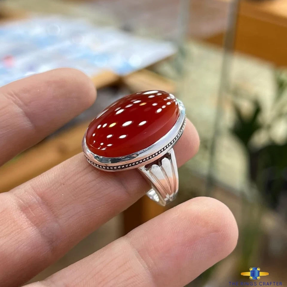 Handmade Red Yemeni Agate 925 Sterling Silver Vintage Aqeeq Ring For Men Size 9 - Image 1 of 3