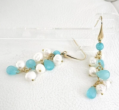 orecchini in argento 925, calcedonio, amazzonite e perle - Immagine 1 di 4