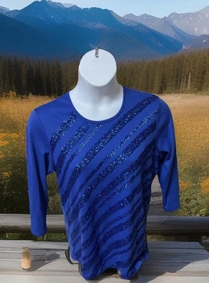 Top túnica tejida azul real Quacker Factory lentejuelas rayas 3/4 Slv vacaciones talla L Foto 1 de 4