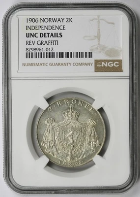 1906 Norway Independence Silver 2 Kroner UNC Details Rev Graffiti NGC - Image 1 of 4