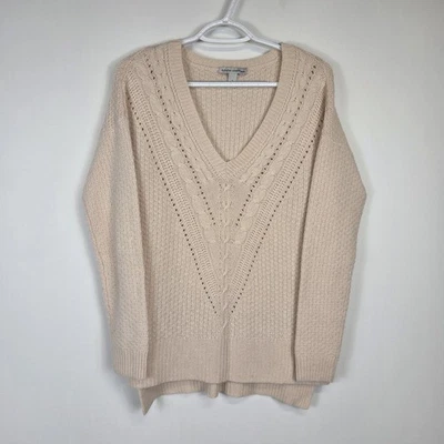 Suéter Otoño Cachemira Mujer Manga Larga Cuello en V Beige Crema Talla Pequeña  Foto 1 de 4