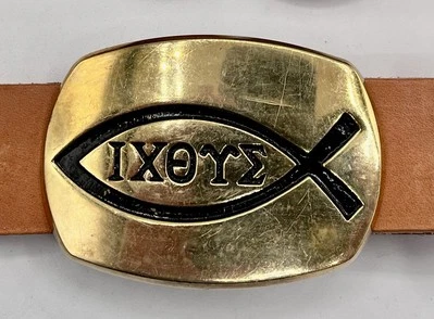 Hebilla de cinturón de latón macizo vintage "Jesus Fish" por hebilla de barón + cinturón. Foto 1 de 3