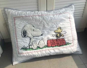 @@Cute Snoopy Applique Embroidery Lovely Border Cotton Quilted White Pillowcase - Picture 1 of 9