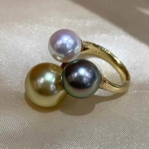 Aurora 9-11mm Aus south sea pearl & Tahitian pearl & Akoya pearl Ring G18K - Picture 1 of 3