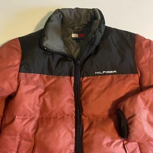 Vintage Tommy Hilfiger Mens S Down Filled Red Distressed Puff Full Zip Jacket - Picture 1 of 12