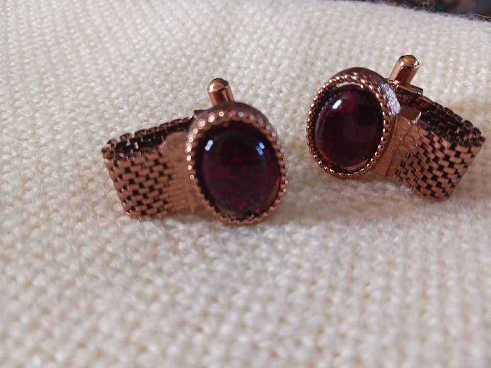 Cuff Links Copper Ruby Red Art Glass - Image 1 of 4