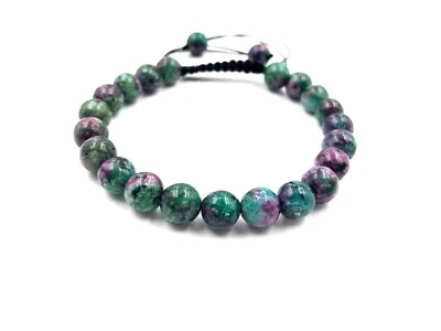 Superb Fine Natural RUBY ZOISITE Gem 8mm Bead Unisex Adjustable Macrame Bracelet - Image 1 of 3