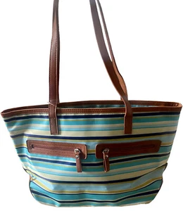 Bueno Collection Tote Handbag Leather Front Pockets Striped Nautical Vibes NWT - Picture 1 of 14