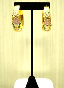 Unbranded Large Hoop Earring Gold Tone Flower Design Pink And Green Color, - Picture 1 of 8