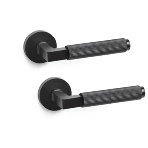 Powder Coated Black Reeded Lever on Rose Door Handle Pair Sprung Internal Set - Picture 1 of 5