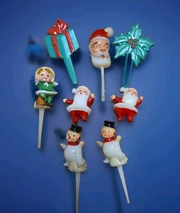 VTG Plastic Christmas Santa Claus CupCake 8 Toppers Picks Decoration 60s Snowman - Picture 1 of 6