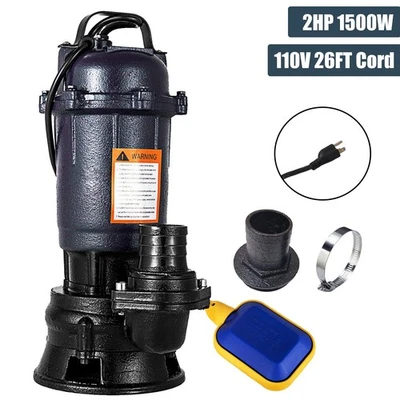 Bomba de sumidero sumergible de 2 HP 1500 W bomba de aguas residuales de hierro fundido 6498 GPH con cable de 26 pies 110 V Foto 1 de 4