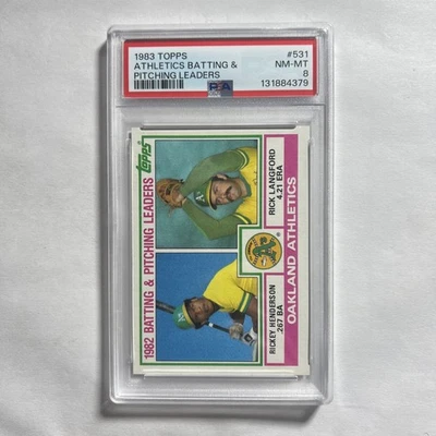 1983 Topps #531 Atletismo Bateo y Lanzamiento Líderes con Rickey Henderson PSA 8 Foto 1 de 2