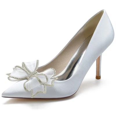 Womens Stiletto High Heel Pointed Toes Shallow Bow Wedding Shoes Bridal Shoes - Image 1 of 4