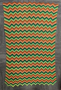 VINTAGE 70s Afghan Throw Blanket Chevron Stripped Red Green Orange 65 X 42 Retro - Picture 1 of 7