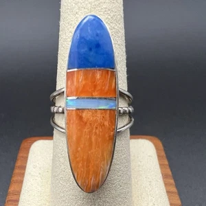 Harold Smith Spiny Oyster, Lapis Lazuli, & Opal Sterling Inlay Ring Size 7.25 - Picture 1 of 13