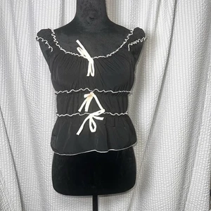 Sugarkiss schwarz Rüschen Schleife Crop Top Y2K Cottagecore Coquette Damen M - Bild 1 von 8
