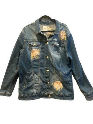 Lularoe Jaxon Denim  Button Up Jacket Blue with Pink Embroidered Roses Plus 3X - Image 1 of 4