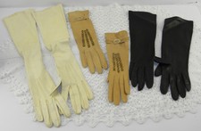 (3) Pr Vintage Kid Leather Ladies Gloves Cream 18" Camel 8" Black 12" Sz 6