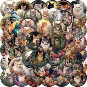 50 hermosas pegatinas de vinilo impermeables pequeñas con diseños redondas de gatos y flores - Imagen 1 de 7