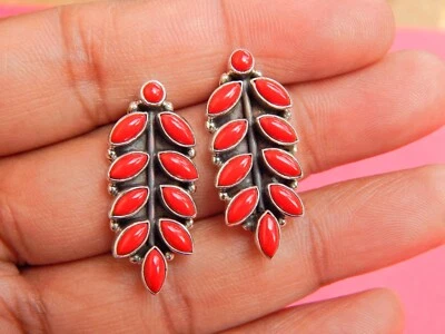 Natural Coral Earring Studs , 925 Sterling Silver , Wedding Studs , Red Earrings - Image 1 of 4