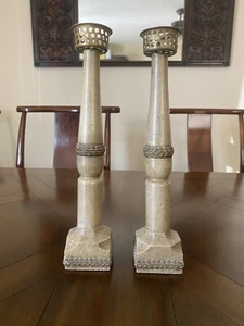 Vintage Rustic Wooden Candle Stick Holders With Metal Top 11.5'' Tall Pair - Picture 1 of 11