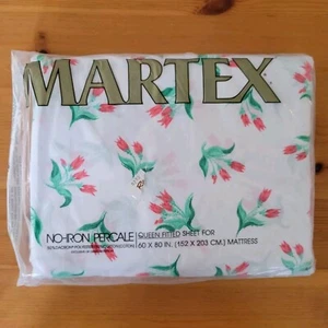 Vintage Martex No-Iron Percale Queen Fitted Sheet Red Flowers Tulips Original Pk - Picture 1 of 5