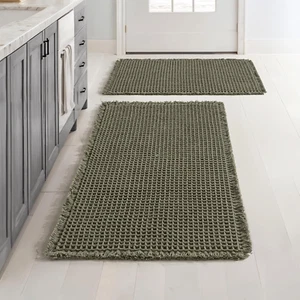 Set of 2 Waffle Bath Mats Extra Soft Bathroom Rugs with Tassels, Super Absorbent - Picture 1 of 12