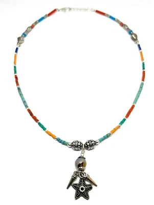 Turquoise, Coral Gemstone Tibetan 925 Sterling Silver Necklace Jewelry 18" adj - Image 1 of 4