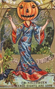 Unbenutzte Postkarte Halloween Geisha Kimono Kürbiskopf tanzend ISL Co Serie 552 - Bild 1 von 2