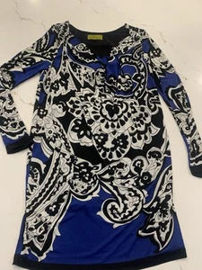 Nicole Miller Paisley Print Dress Sheer Long Sleeve Blue Black White Size Large - Picture 1 of 14