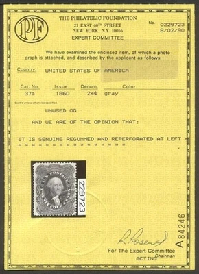 US # 37a *MINT RG LH { 24c WASHINGTON W/ "PF CERT" } BEAUTY "SCARCE 1860 CV$ 550 - Image 1 of 4