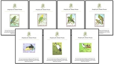UAE Arab Emirates Ajman 1969 Animals Birds Ibis Parrots Set x7 Imperf Proofs MNH - Image 1 of 4