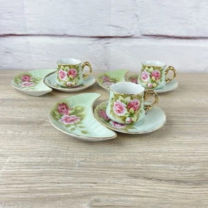 Lefton China Hand Painted Green Heritage Rose Pink Roses 9pc Demitasse Espresso - Picture 1 of 23