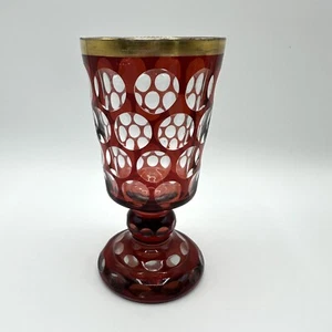 Biedermeier Pokal Glas Kelch Glaskunst Antik Geschliffen Überfang Rot Punkte - Bild 1 von 14
