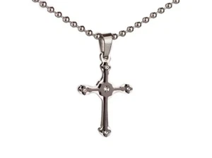 Stainless Steel Cross Zirconia Pendant Beads Necklace Unisex Silver Black L171 - Picture 1 of 4