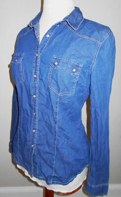 Womens Pearl Snap Western Long Sleeve Cowgirl Rodeo Cotton Denim Blue Shirt~ L - Image 1 of 4