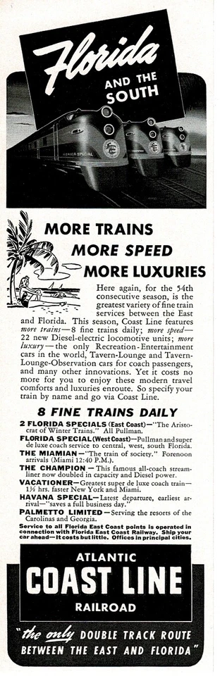 1941 Atlantic Coast Line железной дороги ACL названный пассажирские поезда винтажная печатная реклама - Изображение 1 из 1