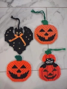 VTG Plastic Needle Point Handmade Halloween Magnet Hanging Bats Cats Pumpkins - Picture 1 of 7