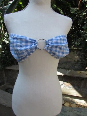 Top corto a cuadros azul y blanco sin tirantes LF reelaborado de colección ropa de playa de algodón talla L Foto 1 de 4