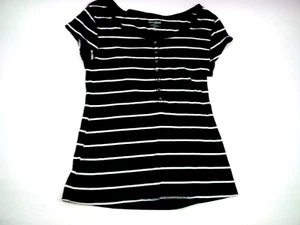 Old Navy Perfect Damen Henley schwarz-weiß gestreiftes Kurzarm Oberteil L - Bild 1 von 11