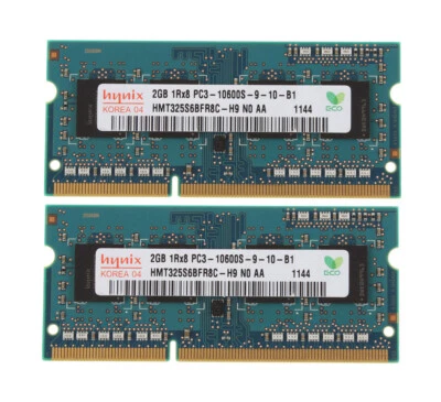 4GB Laptop RAM Hynix 2X 2GB PC3-10600 1Rx8 DDR3 1333Mhz 204Pin SO-DIMM Memory - Image 1 of 4