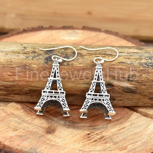 Eiffel Tower Earrings, 925 Sterling Silver Dangle Earrings, Paris Theme Gifts, - Picture 1 of 5