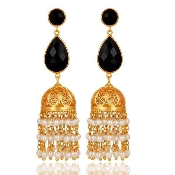 Pendientes Jhumka de plata de ley 925 chapados en oro de 18 quilates con perlas de ónix negro joyería Foto 1 de 2